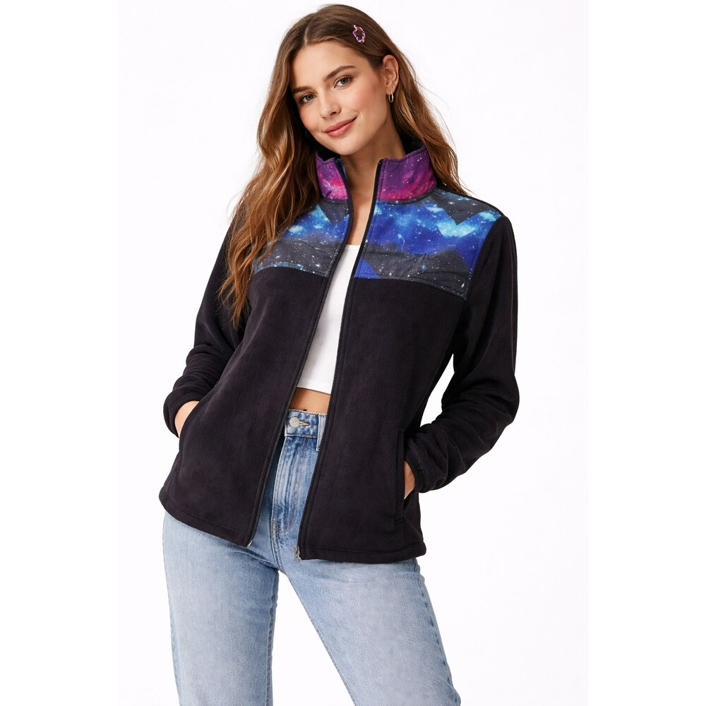 Fila Galaxy Fleece Zip Jacket Black 90s Retro Nerdy Space Scientist Women Large